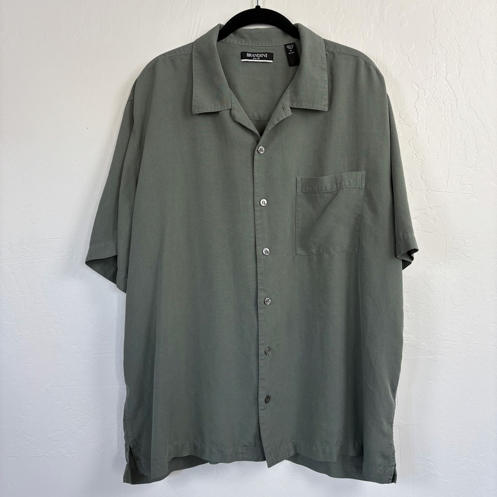 Brandini 100% Silk Camp Collar Shirt Mens XL Short Sleeve Sage Green Button Up‎